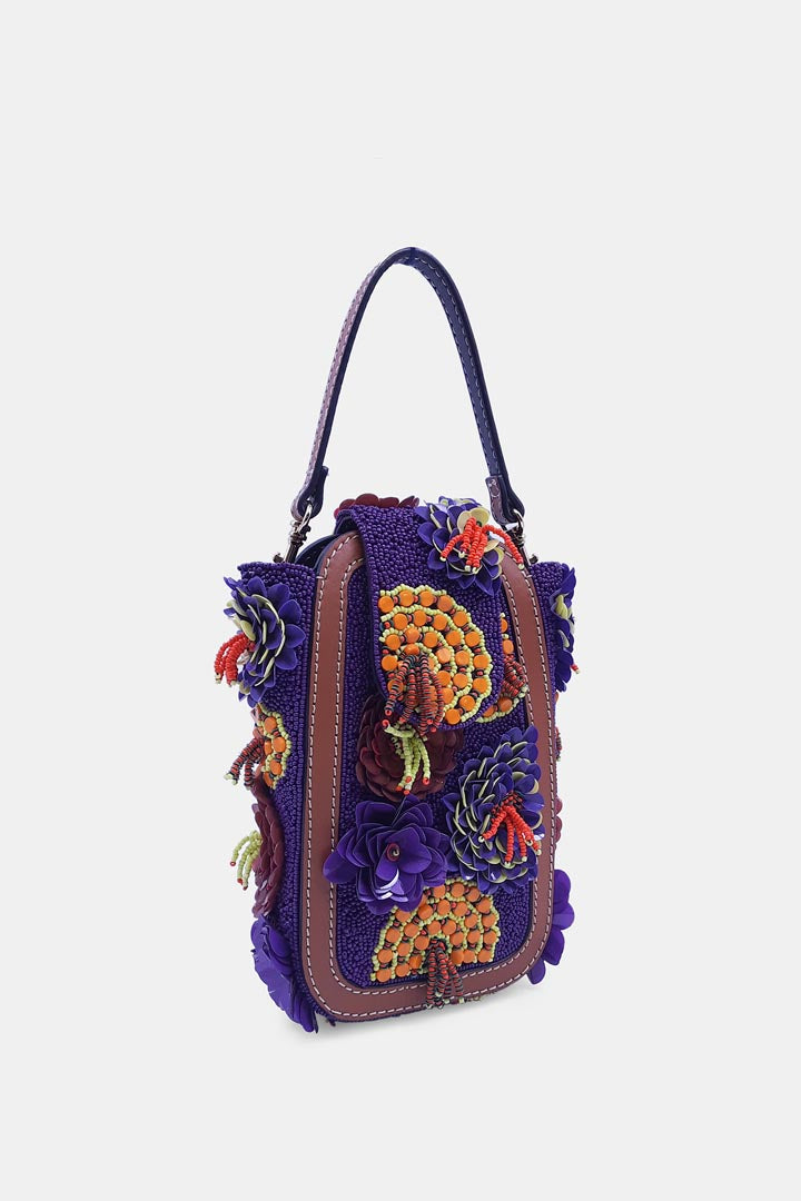 Embellished Beaded Viola Flower  Clutch Bag with Convertible Crossbody Sling