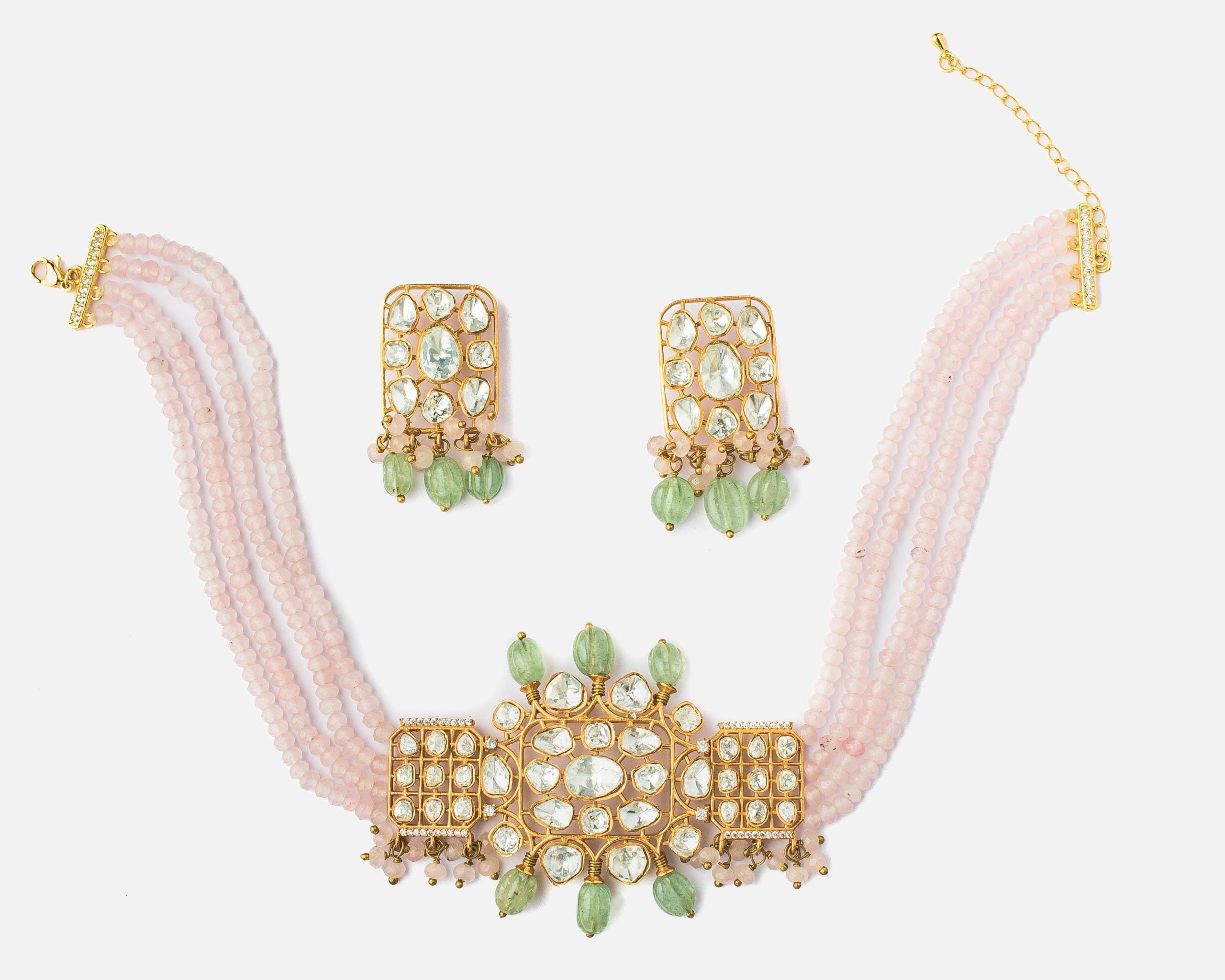 vivinia BY VIDHI MEHRA Antara Pink & Green Womens Kundan, Polki Choker Necklace Set with Pair of Earrings (Freesize)