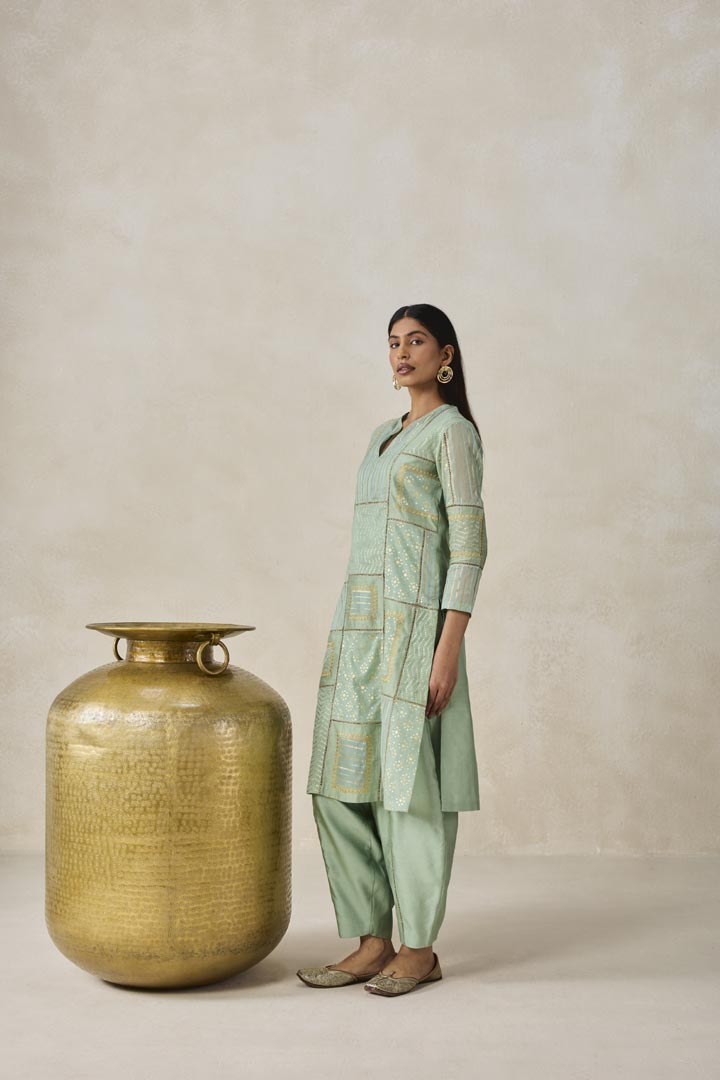 Sage Green Gold Chanderi Patchwork Kurta Salwar Set for Women
