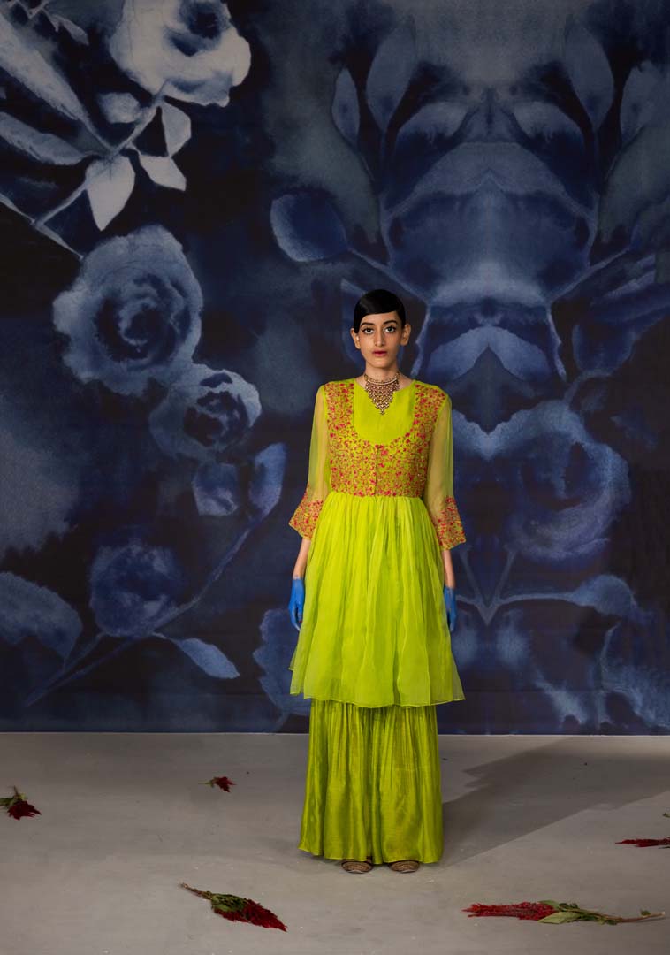 Green Angrakha Kurta with Green Blouse and Green Gharara Pants- Set of 3