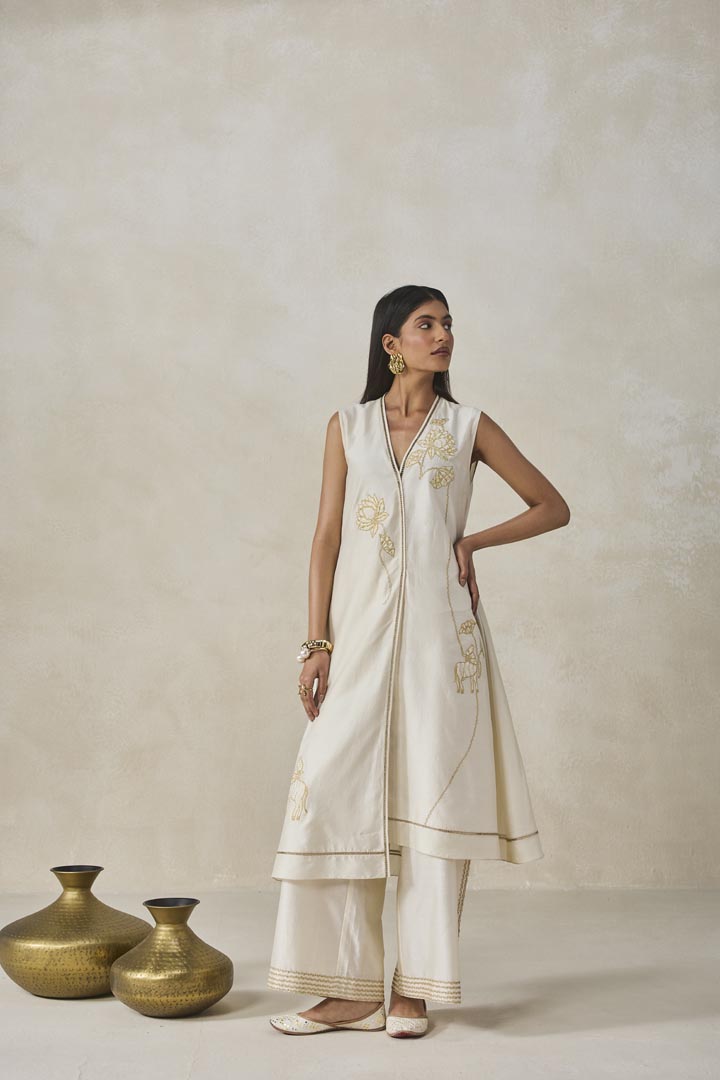 Ivory Chanderi Applique Work Kurta Set - Luxury Ethnic Co-ord