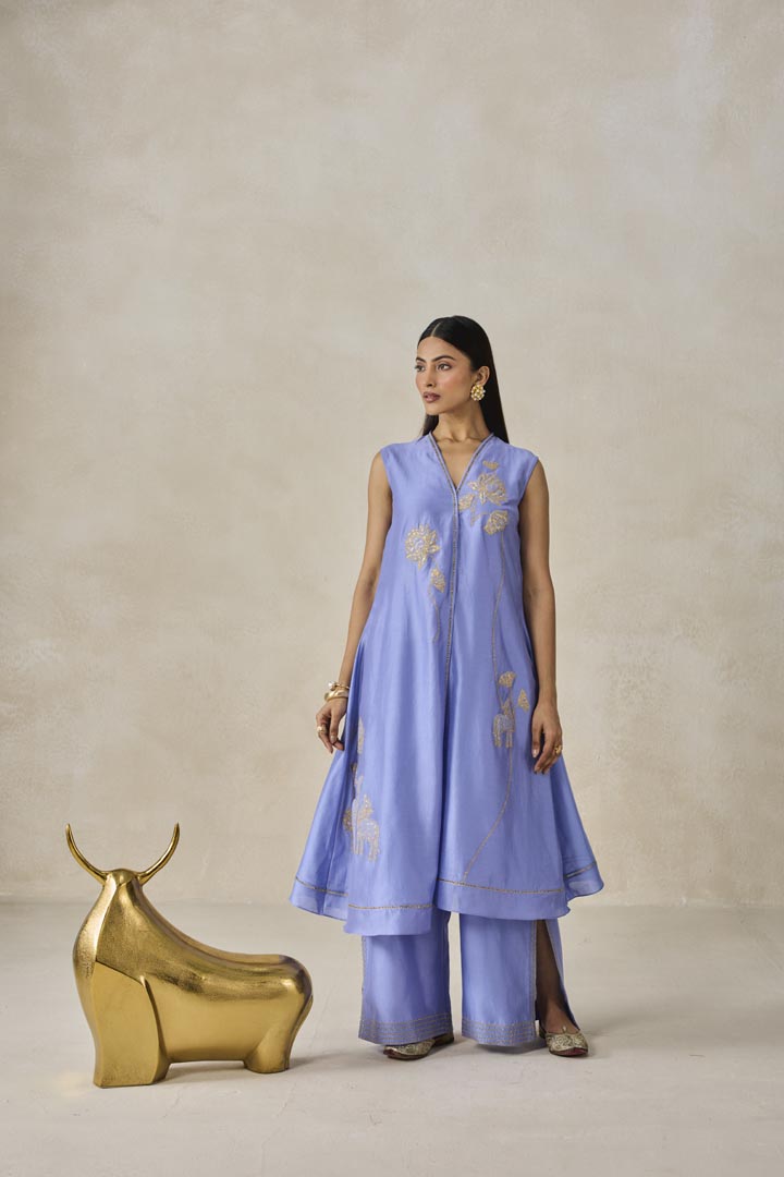 Ink Blue Chanderi Applique Work Kurta Set with Palazzo