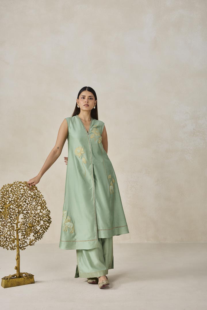 Sage Green Chanderi Applique Work Kurta Set for Festive Wear