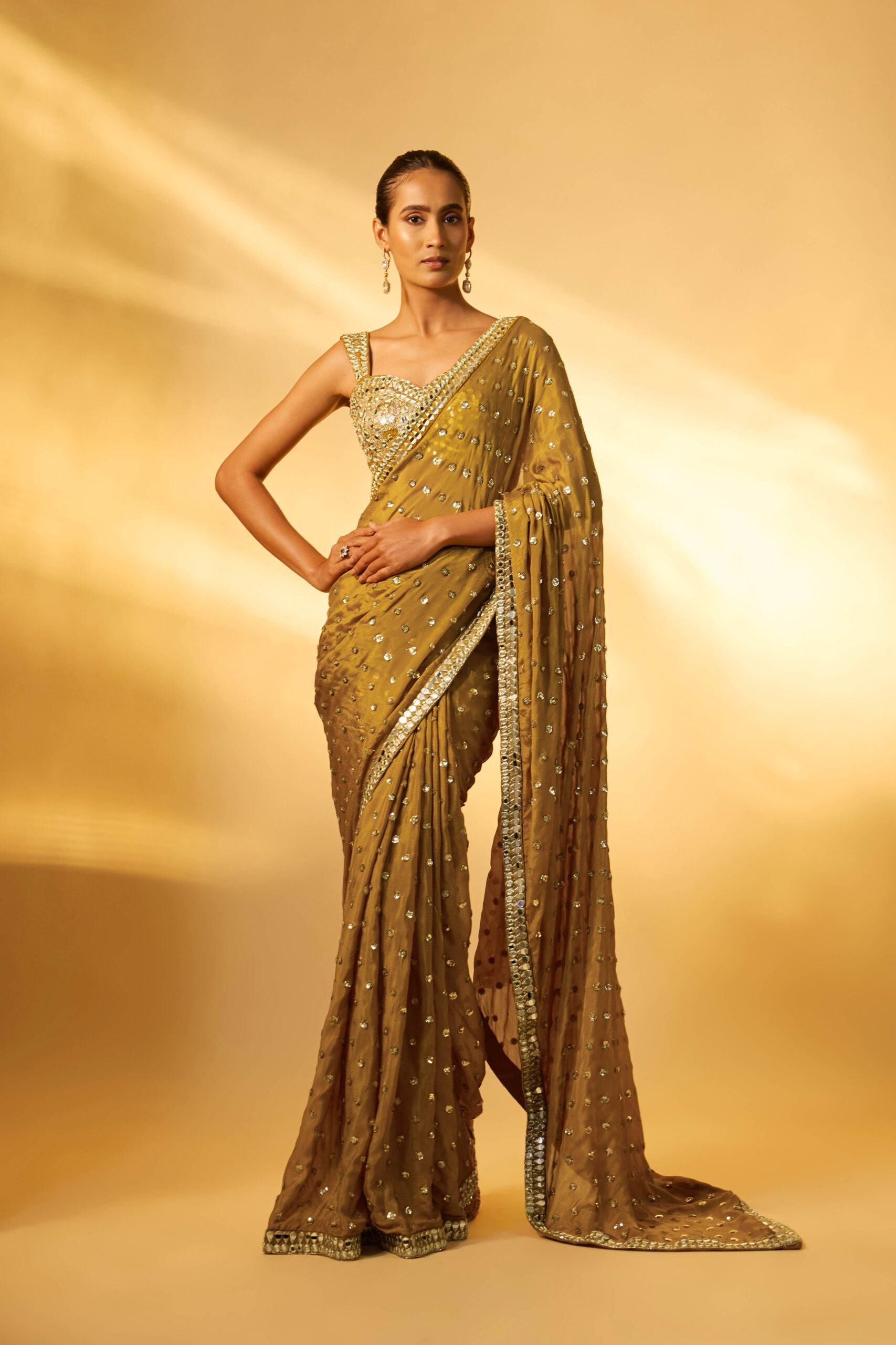GOLD MIRROR & SEQUINS EMBROIDERED SAREE SET