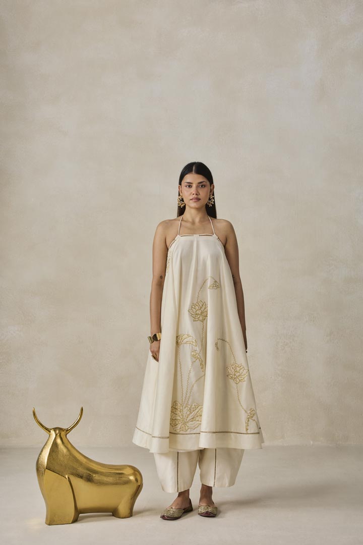 Ivory Chanderi Off-Shoulder Kurta Pant Set - Festive Designer Wear