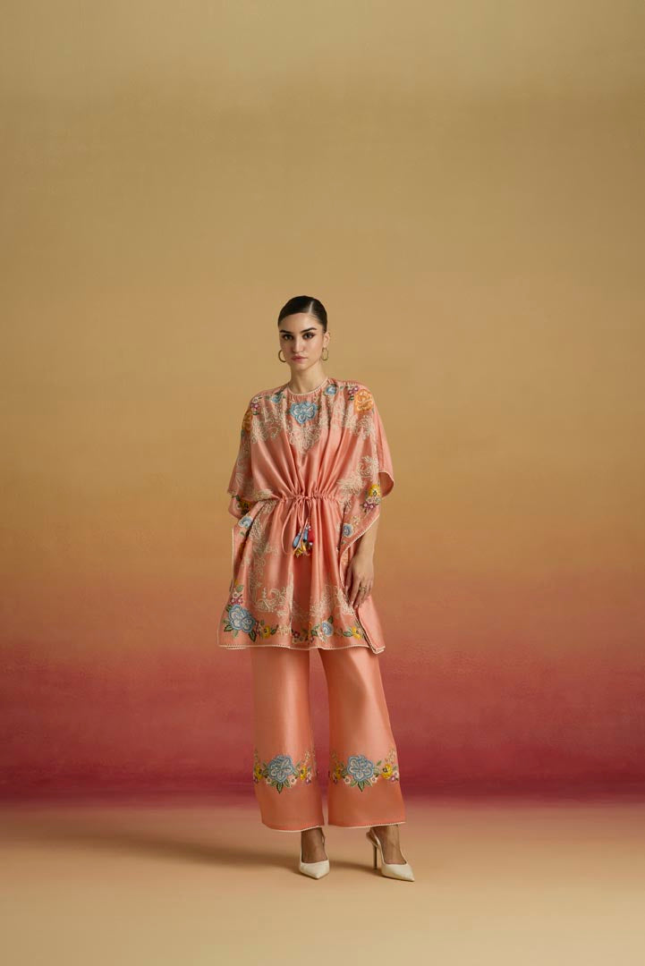 APRICOT FLORAL SHEER DETAIL PANTS