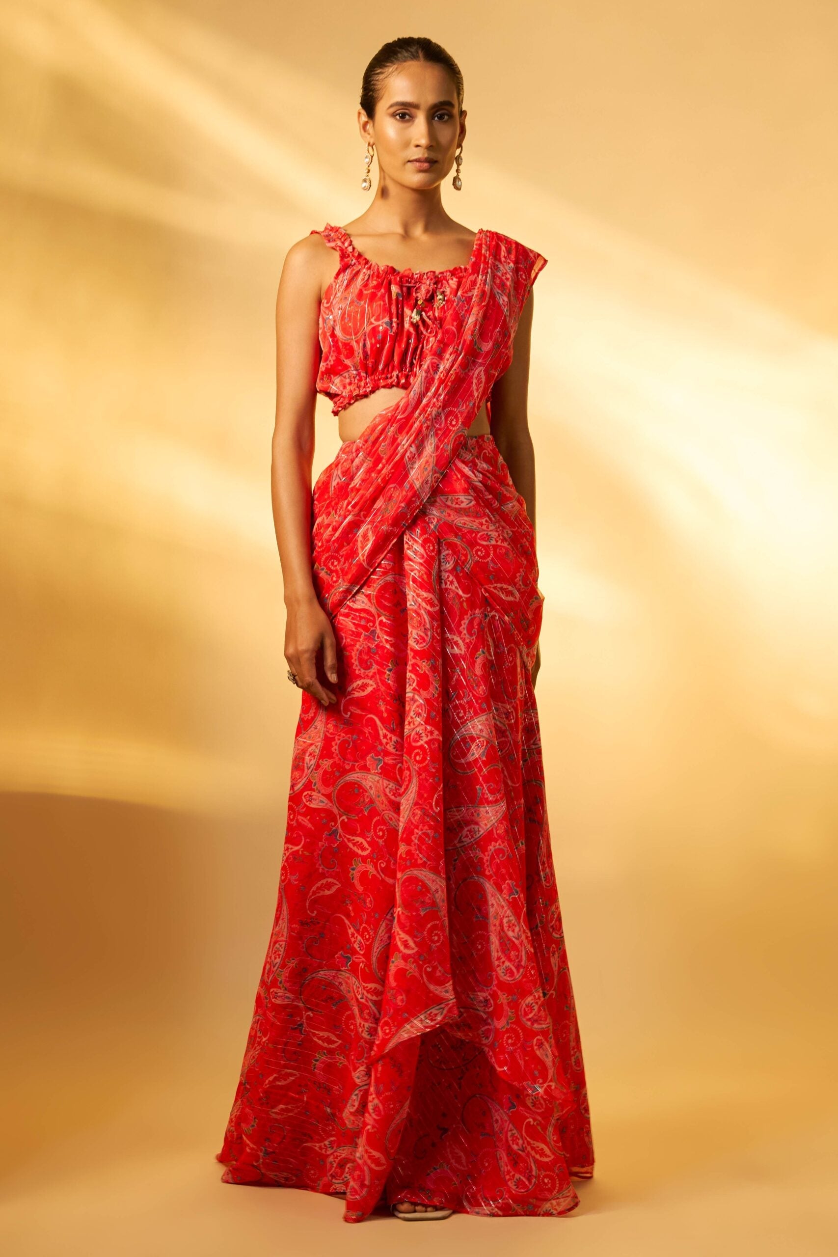 RED PAISLEY PRINTED DRAPE SAREE SET