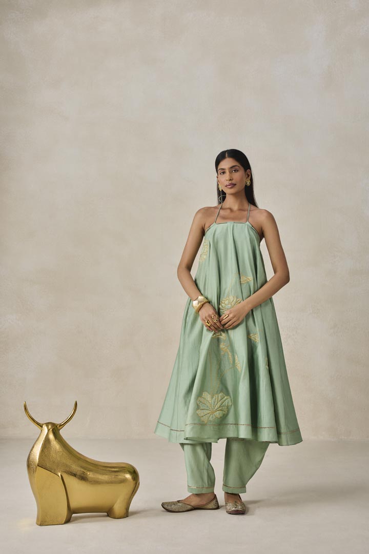 Sage Green Chanderi Offshoulder Kurta Set - Elegant Festive Wear