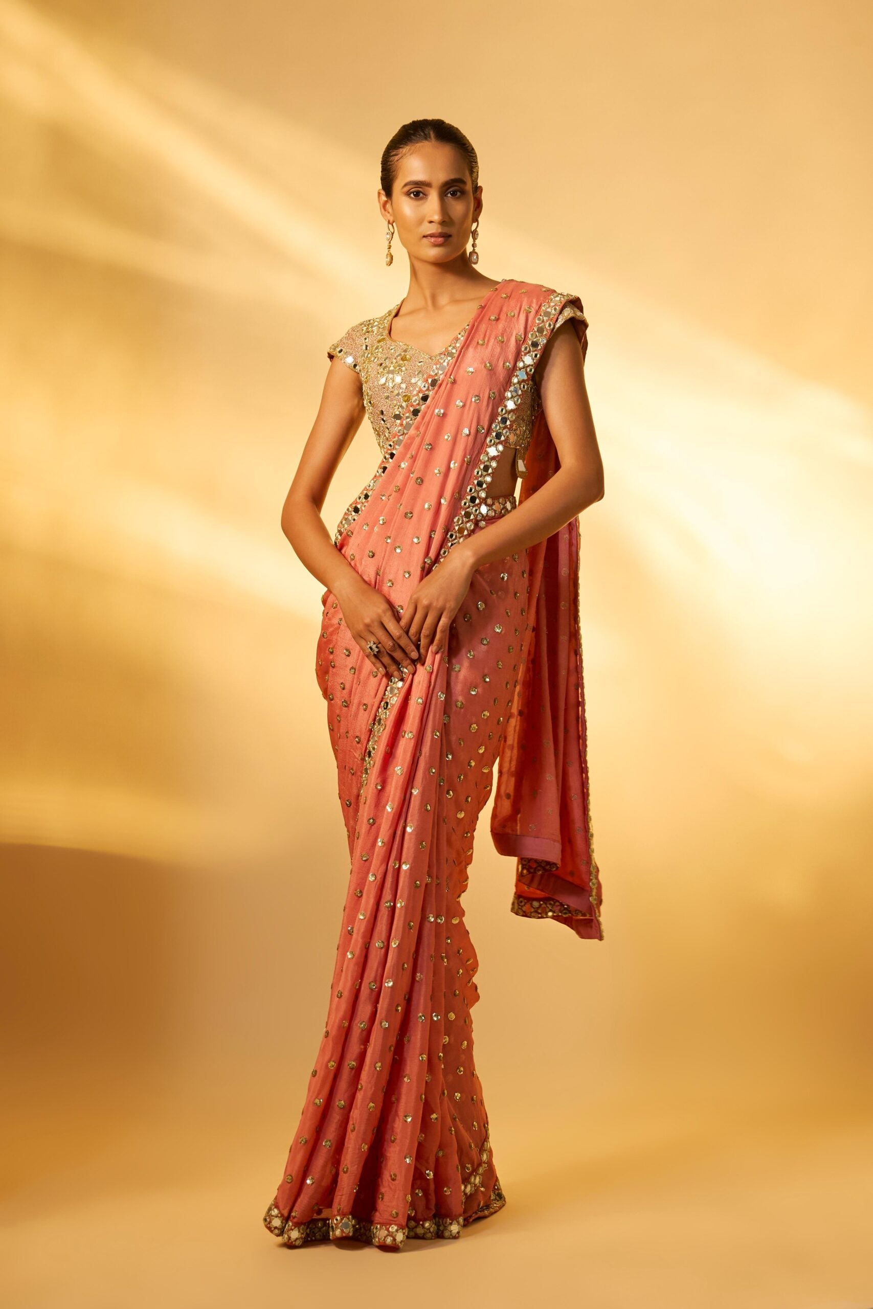 CINNAMON ROSE SEQUINS AND MIRROR EMBROIDERED SAREE SET