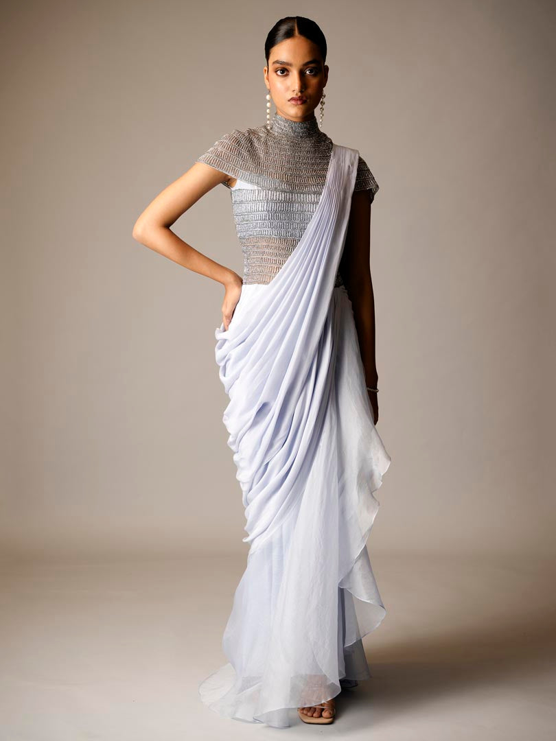 Blue  saree gown with organza  ruffled drape & glass bead embellishment