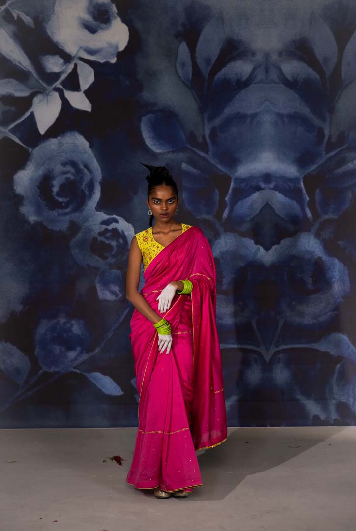 Pink Saree With Piping and Green Blouse- Set of 2