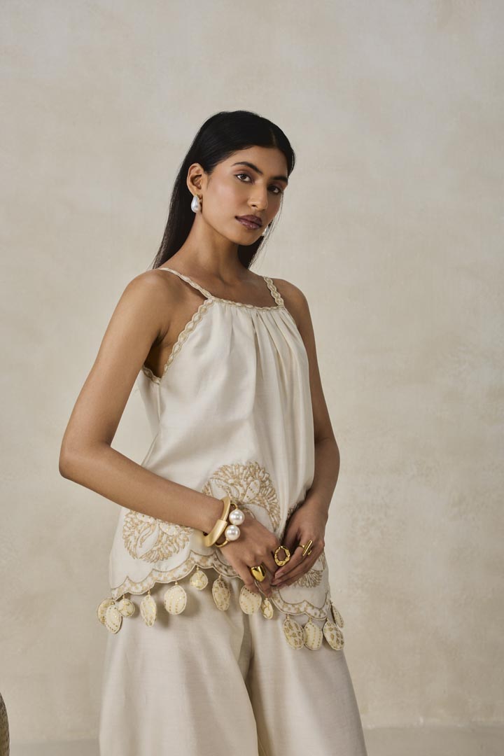 Ivory Chanderi Applique Strappy Short Top and Palazzo Set