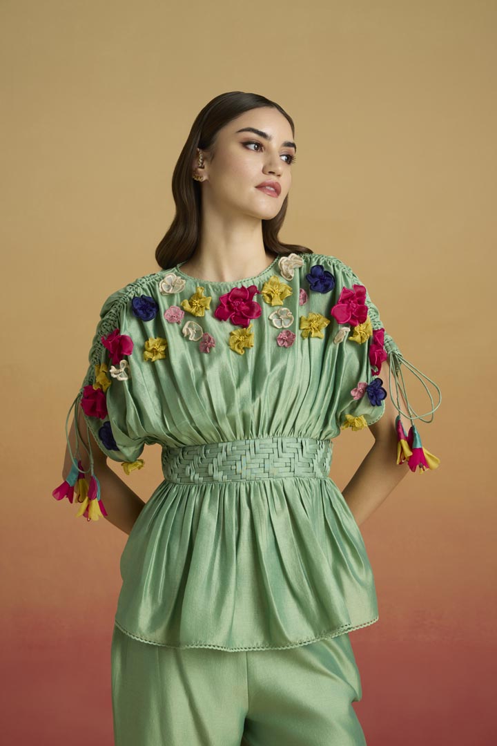 Sage Green Chanderi 3D Floral Applique Top with Weave Belt