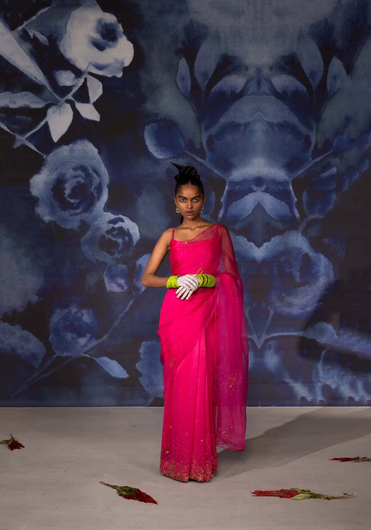 Pink Organza Saree with Blouse -Set of 2