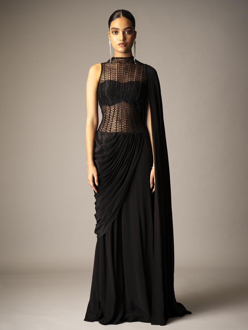 Black round neck  saree gown with pre-drape & cuttdana embellishment all over.