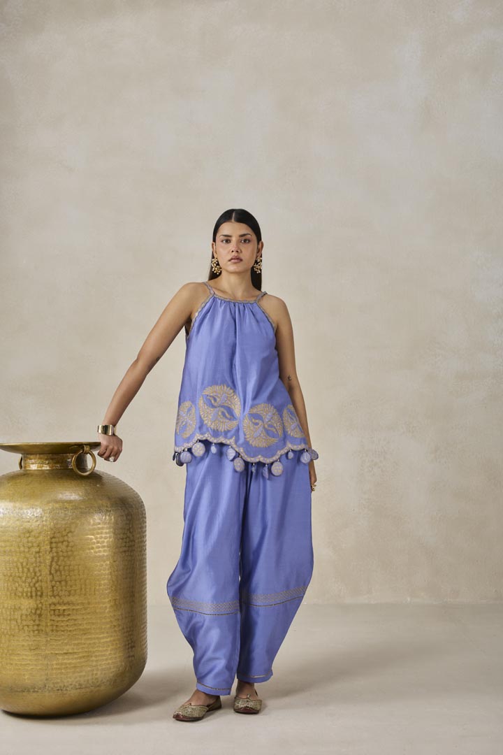 Ink Blue Chanderi Applique Strappy Top & Palazzo Set