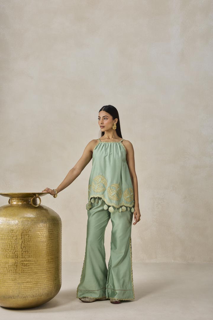 Sage Green Chanderi Applique Embroidery Strappy Co-ord Set