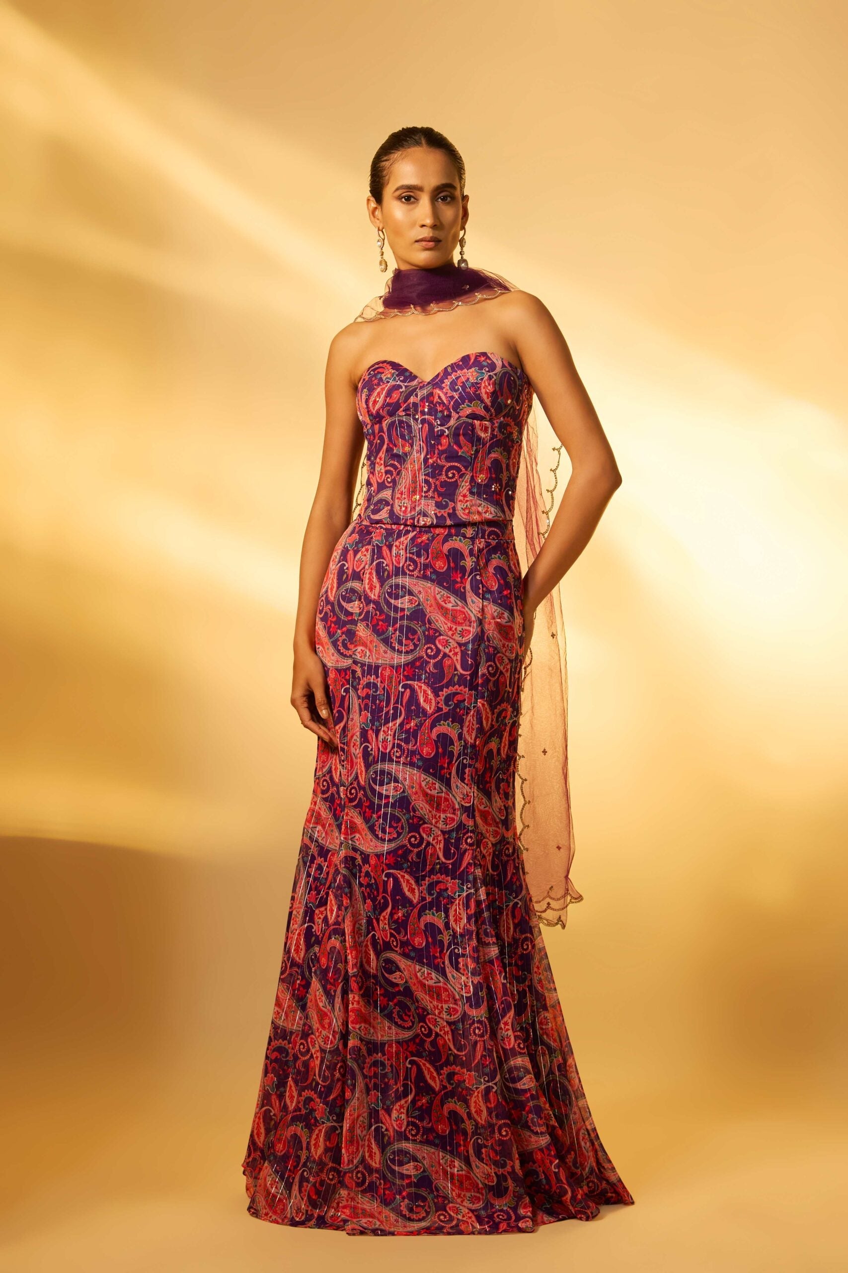 VIOLET PAISLEY PRINTED CORSET SET