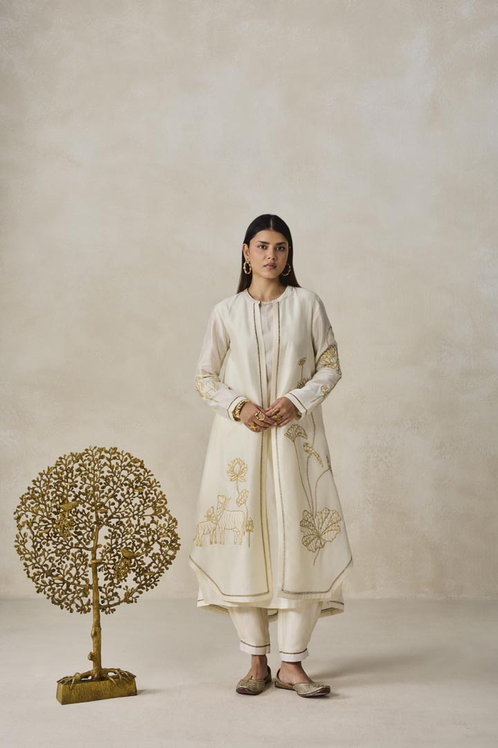 Ivory Chanderi Jacket Style Kurta Set with Narrative Embroidery