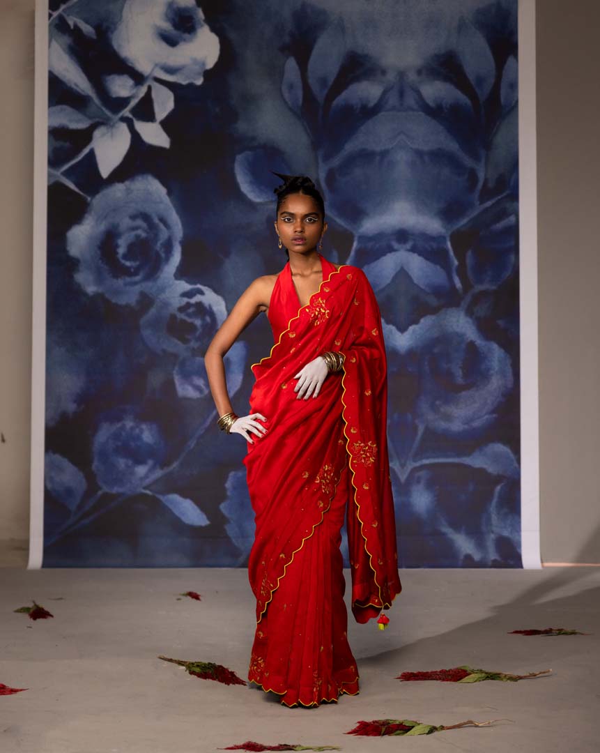 Red & Green Embroidery Saree with Blouse-Set of 2
