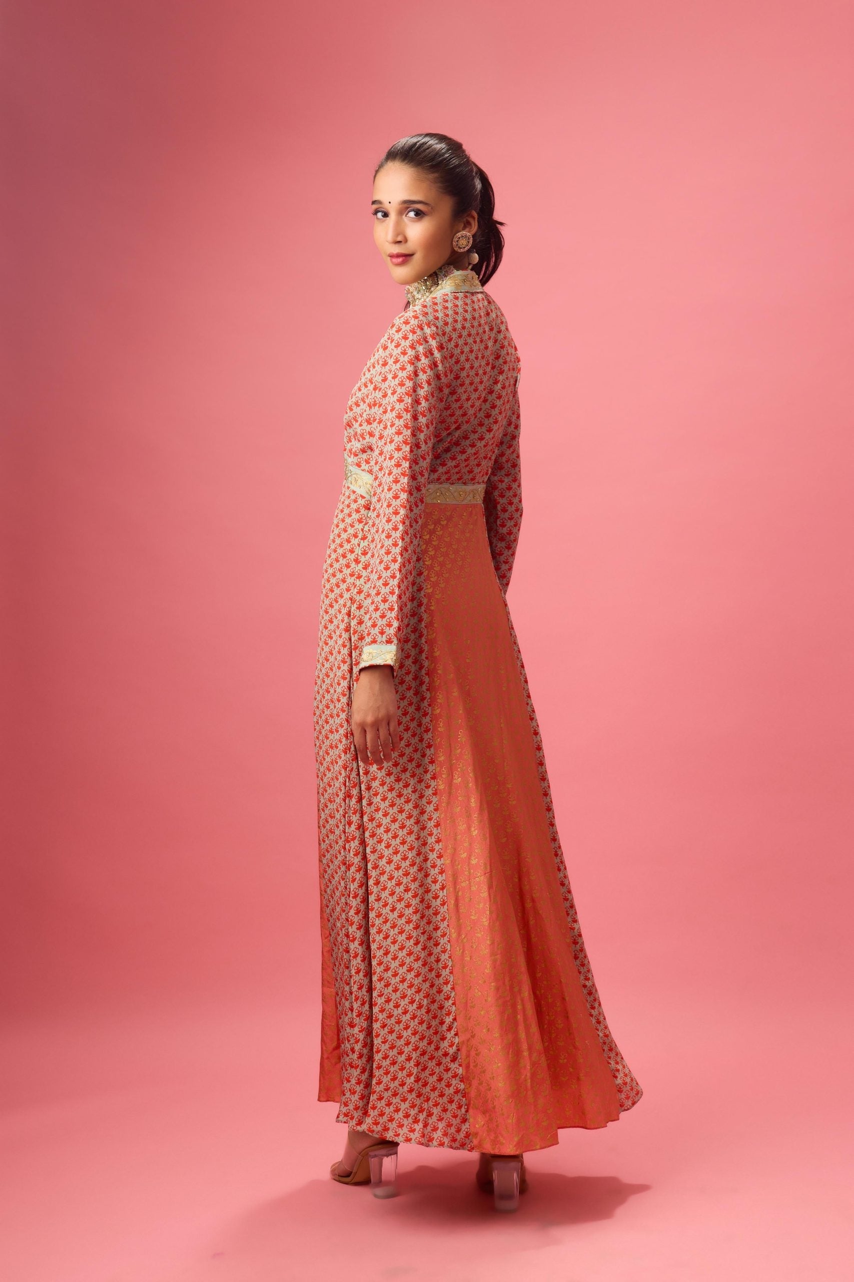 KALIDAR KURTA WITH PRINT AND EMBROIDERY PAIRED WITH CHURIDAR