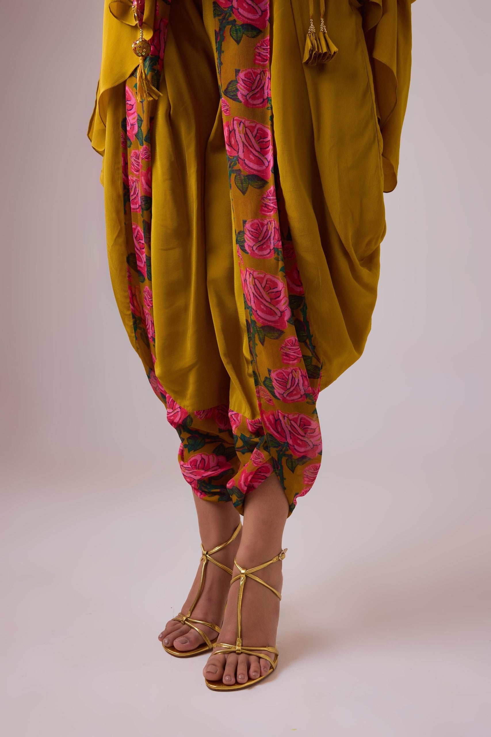 ROSE PRINTED WITH GODET KAFTAN TOP AND DHOTI PAIRED WITH PRINTED DUPATTA