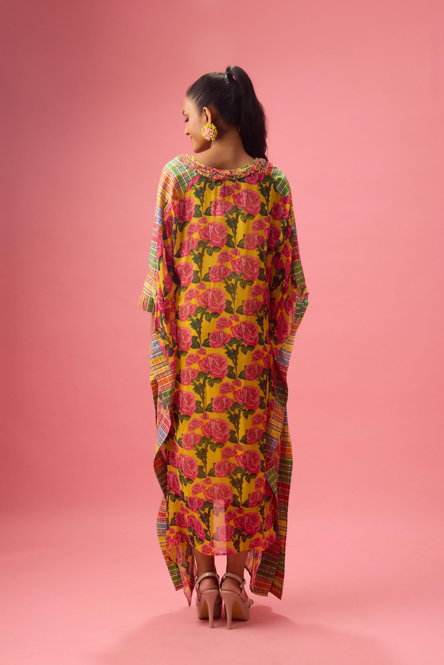 FLORAL PRINTED KAFTAN WITH MADRAS CHECK DETAILING