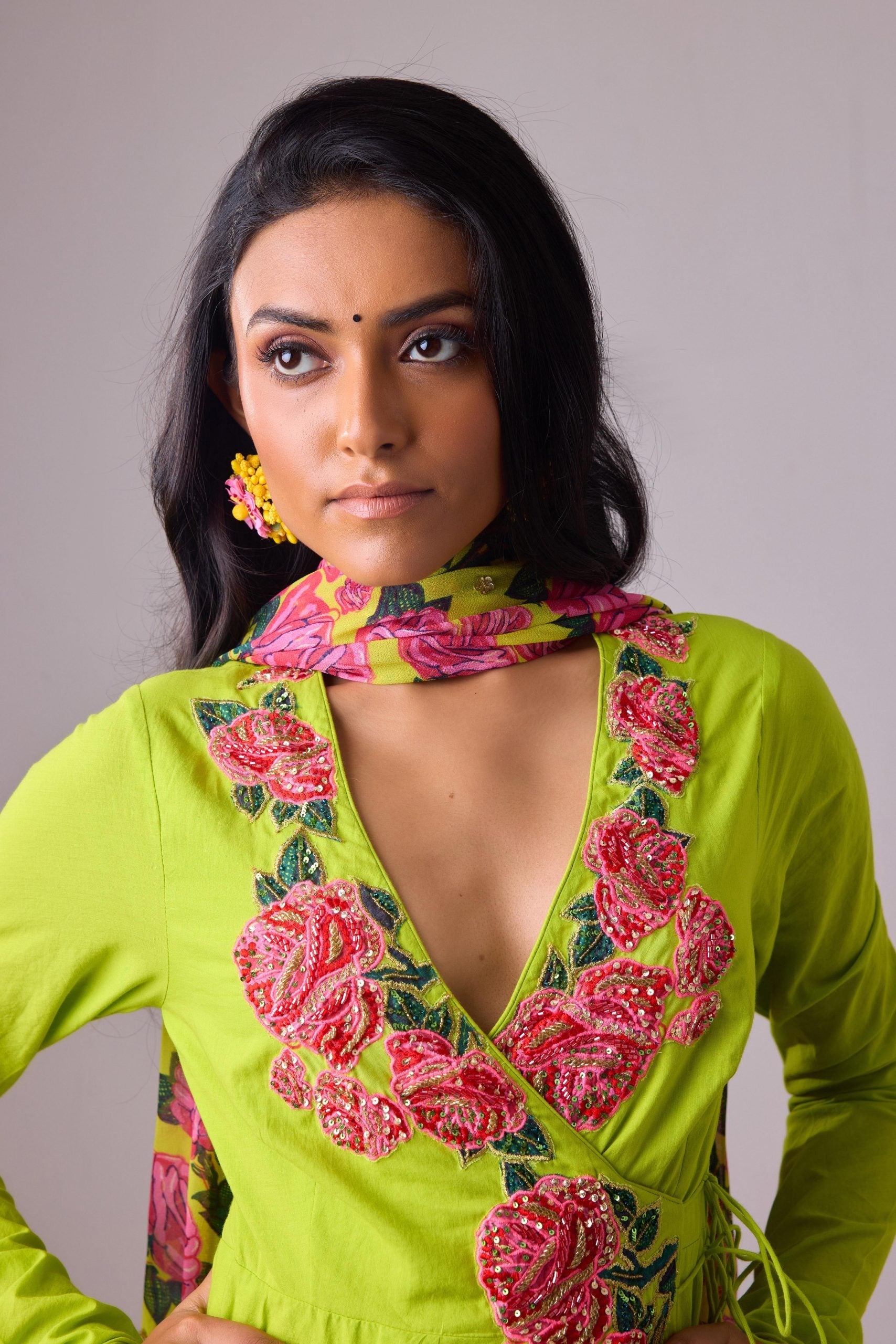 COTTON SOLID LIME ROSE APPLIQUE KALIDAR PAIRED WITH PRINTED DUPATTA AND CHURIDAR