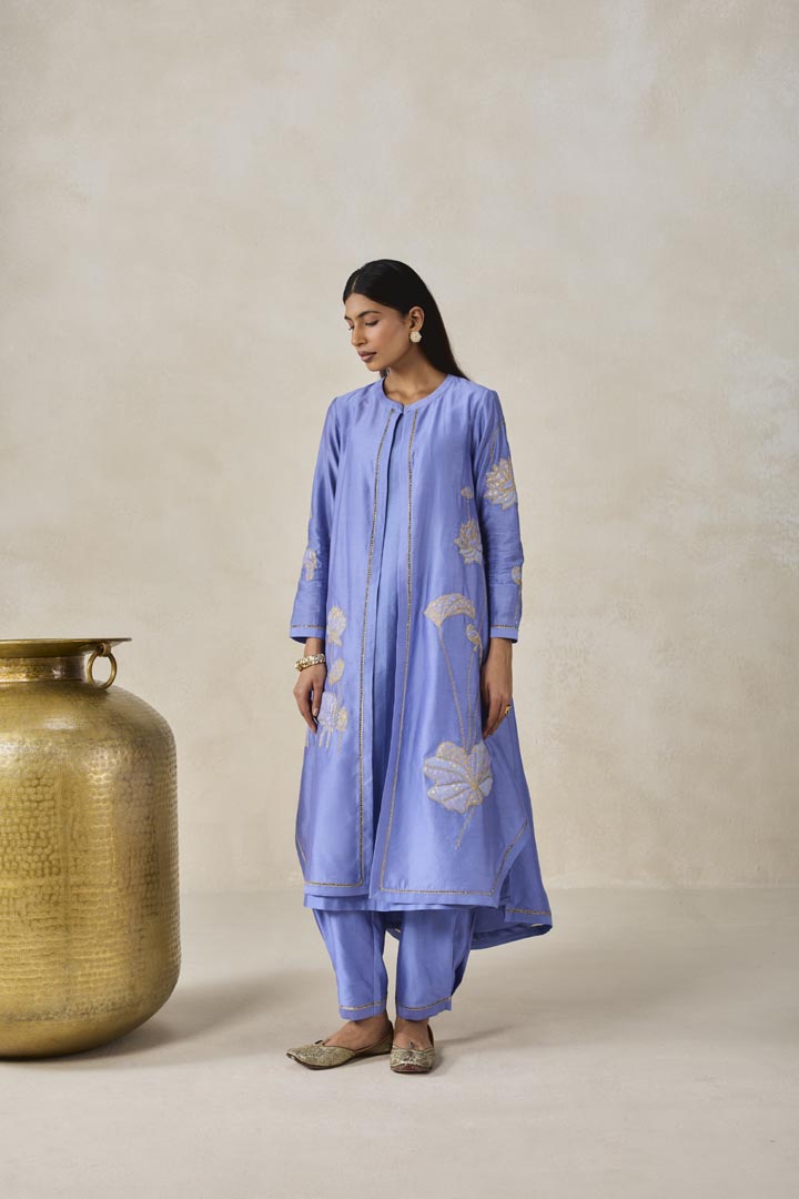 Ink Blue Chanderi Jacket Style Kurta Pant Set for Occasions