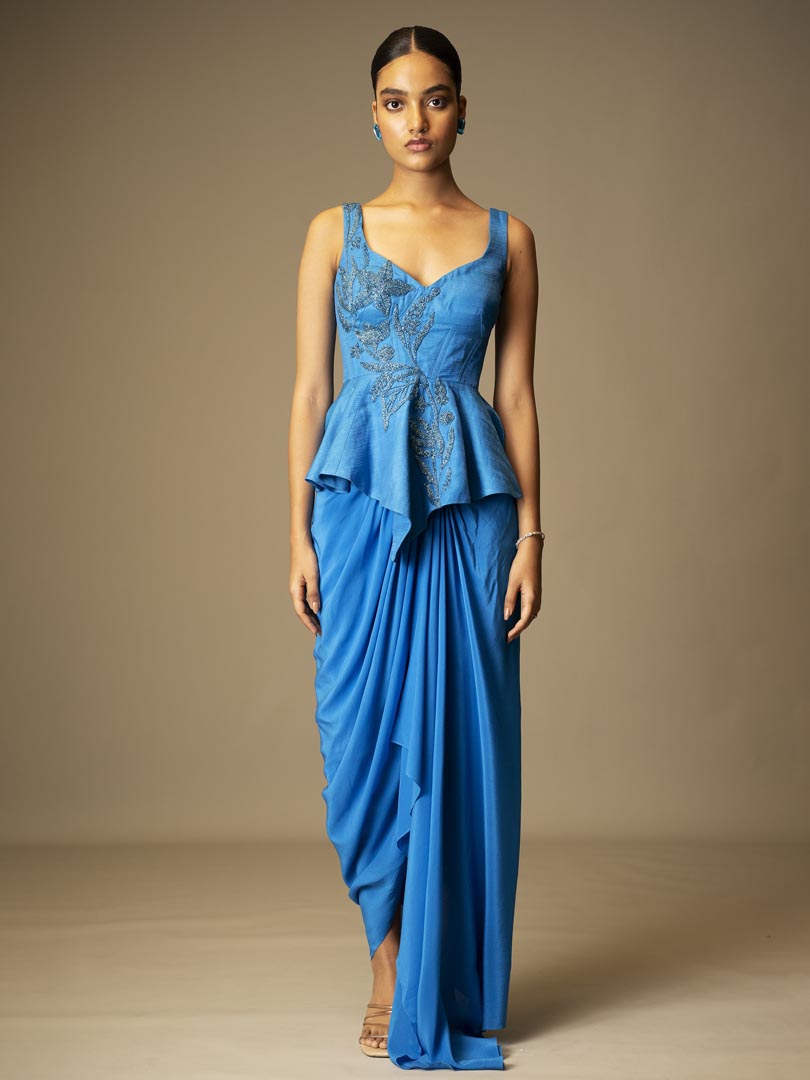 Blue Draped Saree Gown
