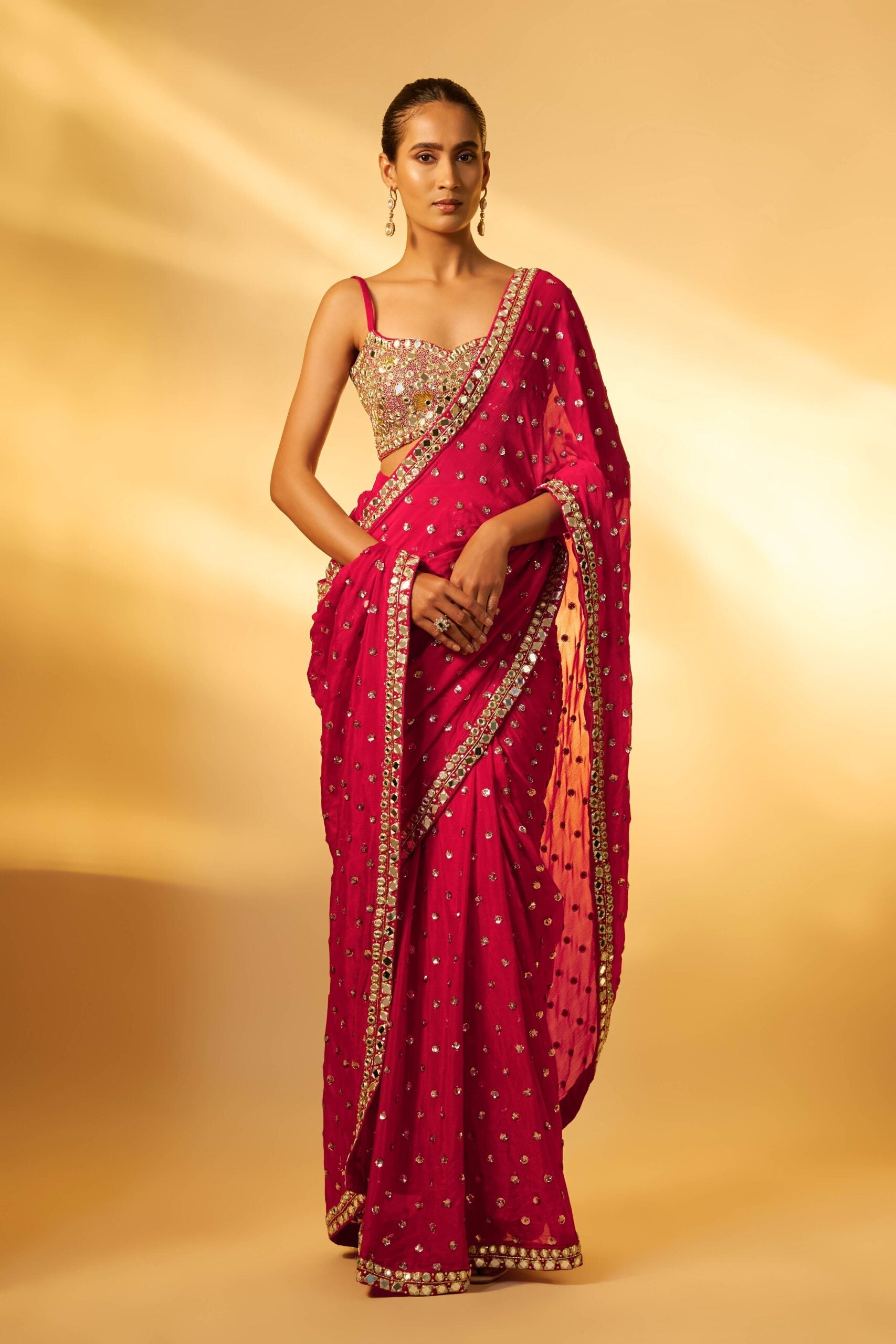 RED CHINON CHIFFON MIRROR EMBROIDERED PRE-DRAPED SAREE SET