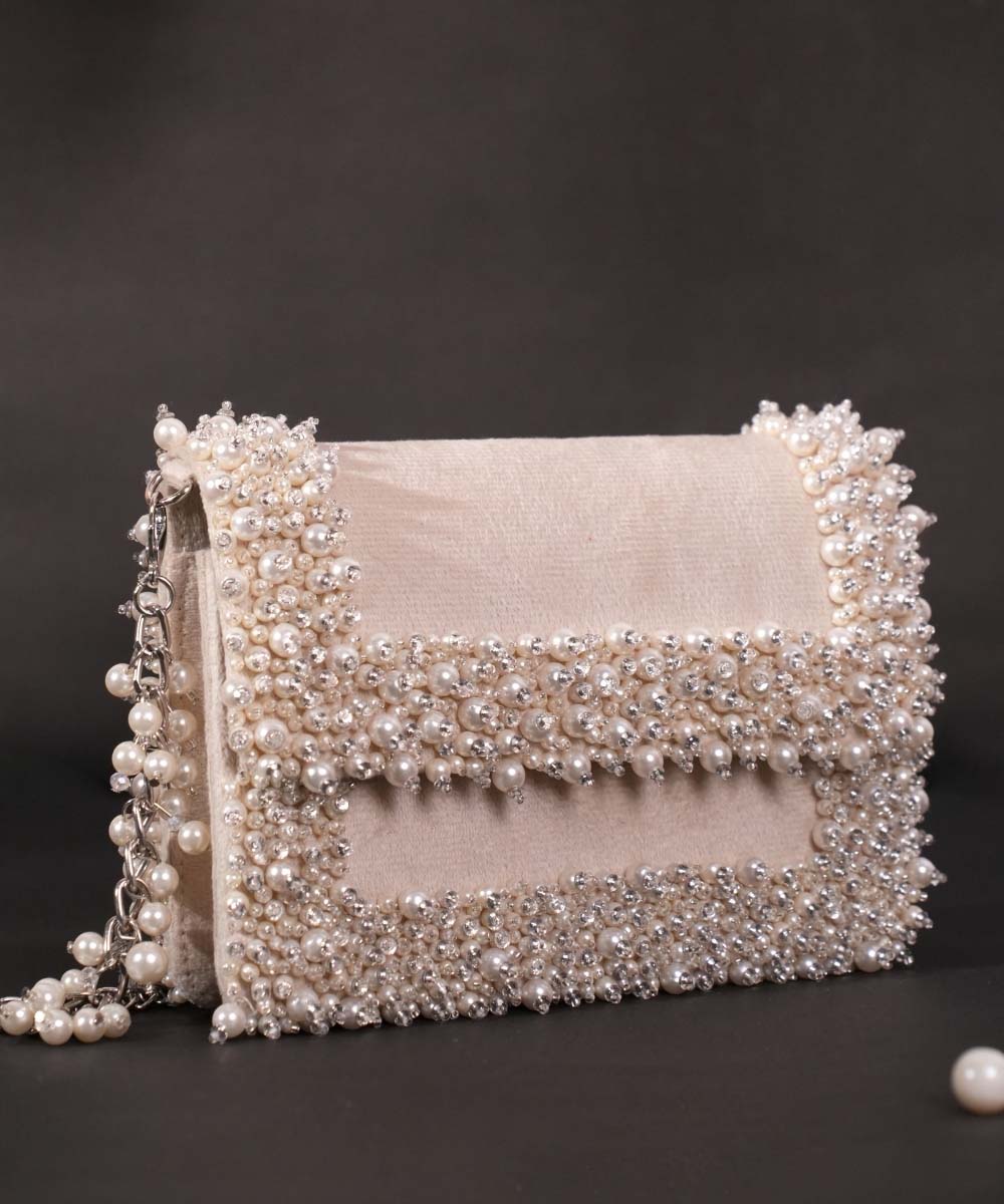 Aliya Ivory Suede Pearl Embellished Clutch