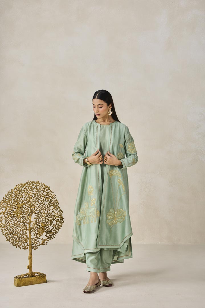 Sage Green Chanderi Jacket Kurta Set with Applique Work
