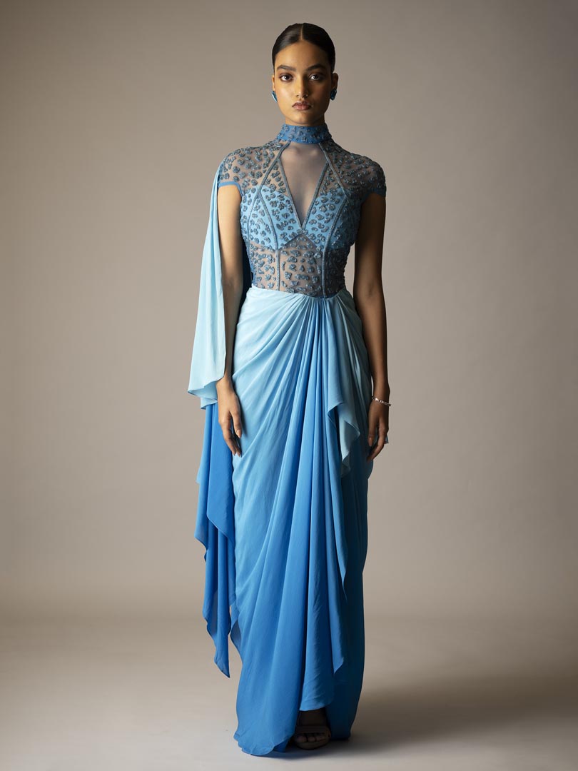 Ombre Blue Saree Gown