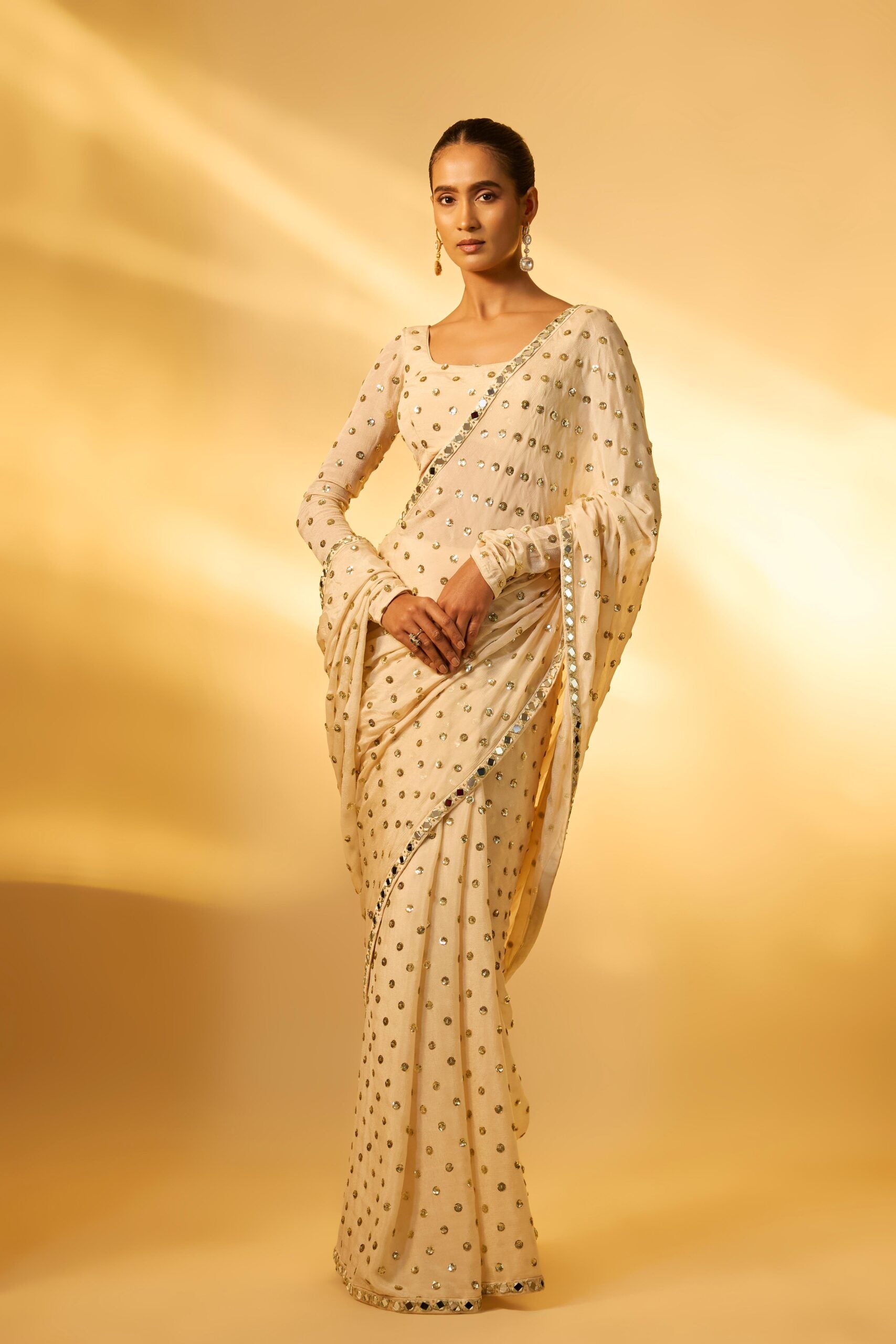 WHITE CHINON CHIFFON SEQUINS EMBROIDERED PRE-DRAPED SAREE SET