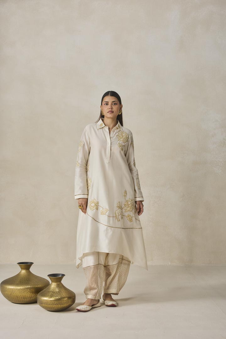 Ivory Chanderi Asymmetrical Kurta Set with Floral Applique