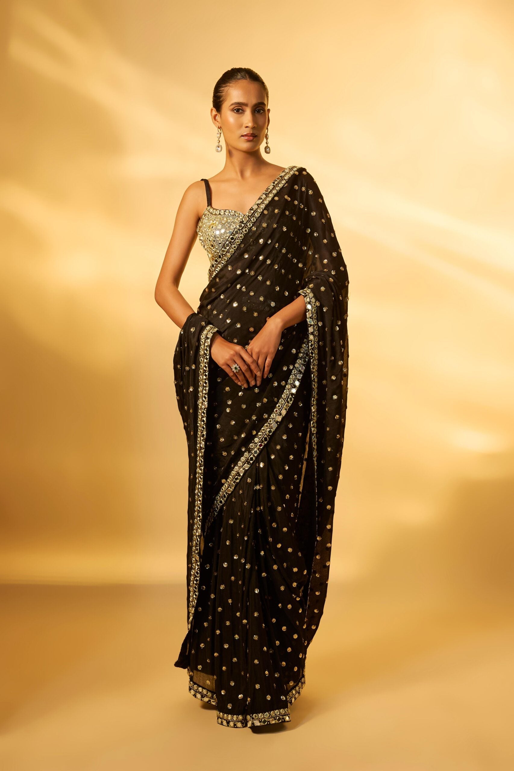BLACK CHINON CHIFFON MIRROR EMBROIDERED PRE-DRAPED SAREE SET