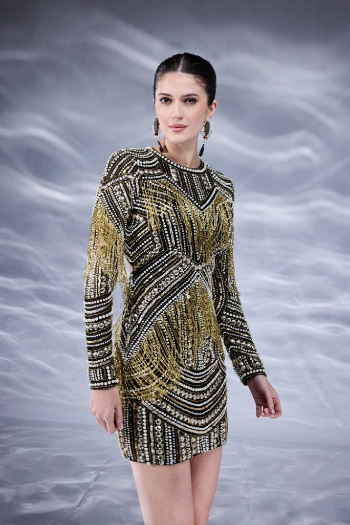 PEARL FRINGE EMBELLISHED MINI DRESS