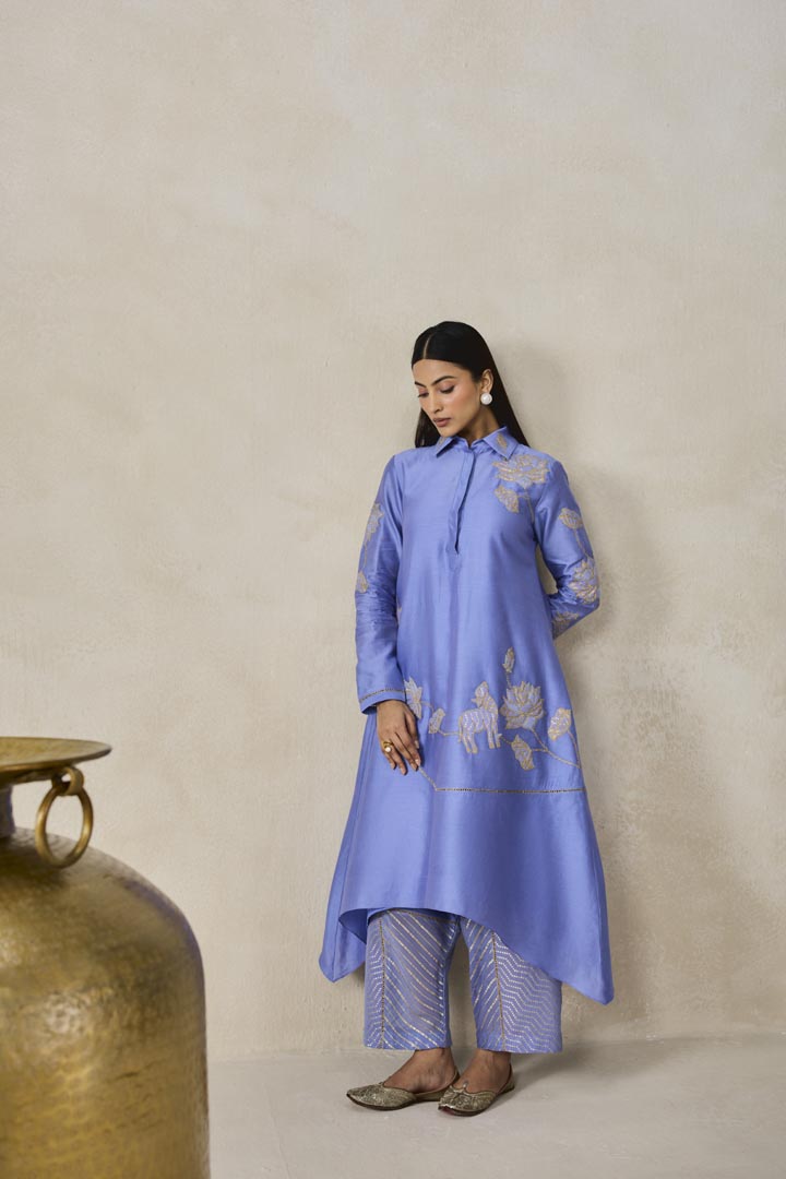 Ink Blue Chanderi Asymmetrical Kurta With Pant Set for Festivities