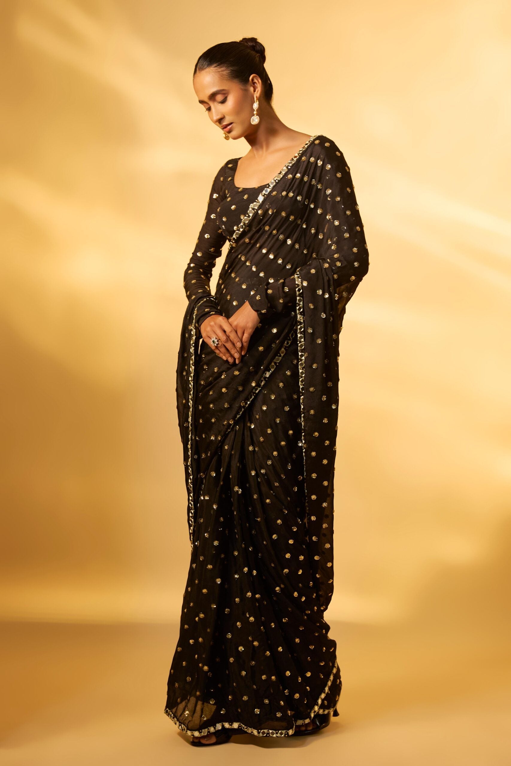 BLACK CHINON CHIFFON SEQUINS EMBROIDERED PRE-DRAPED SAREE SET
