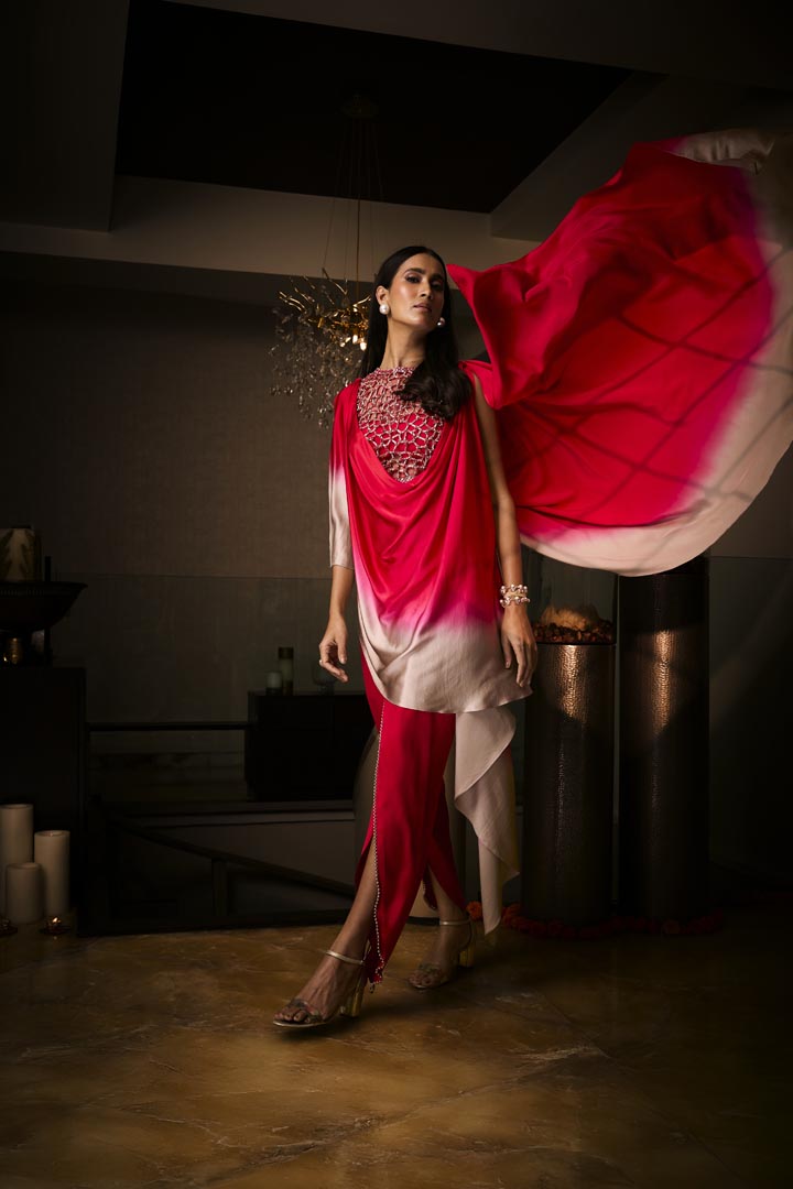 A pure silk satin sangria ombré tunic with tulip pants, detailed with bead and crystal embroidery.