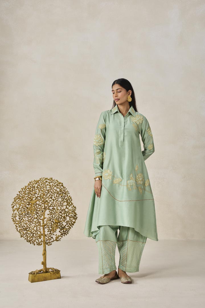 Sage Green Chanderi Asymmetrical Kurta Set for Festive Wear