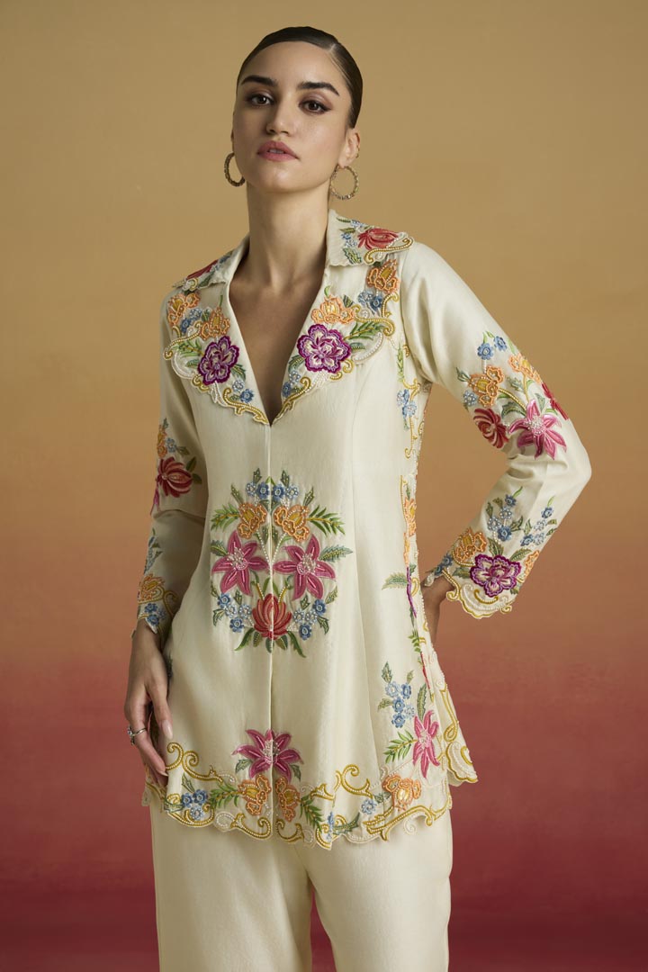 Ivory Floral Threadwork and Beadwork Flared Chanderi Jacket