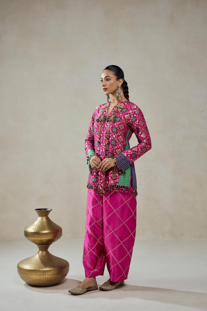 Fuschia Patola Silk Short Jacket Salwar Suit Co-ord Set