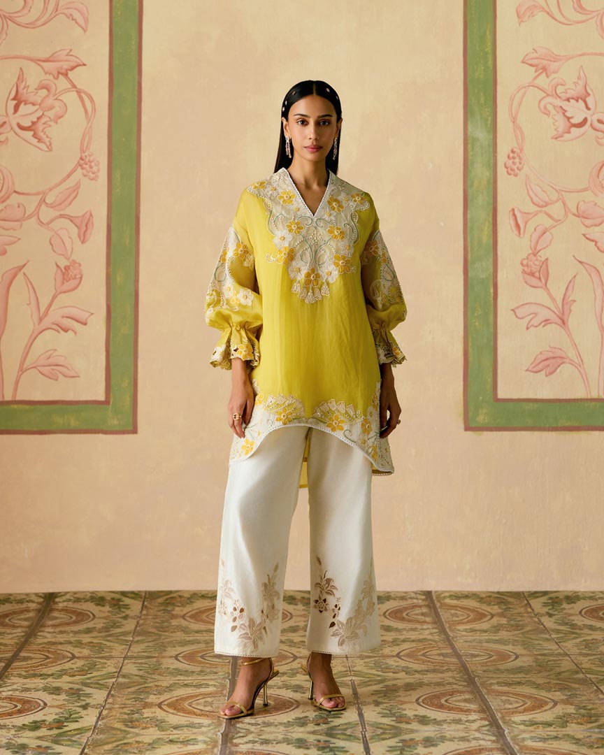 YELLOW AND IVORY COLOR BLOCK TUNIC