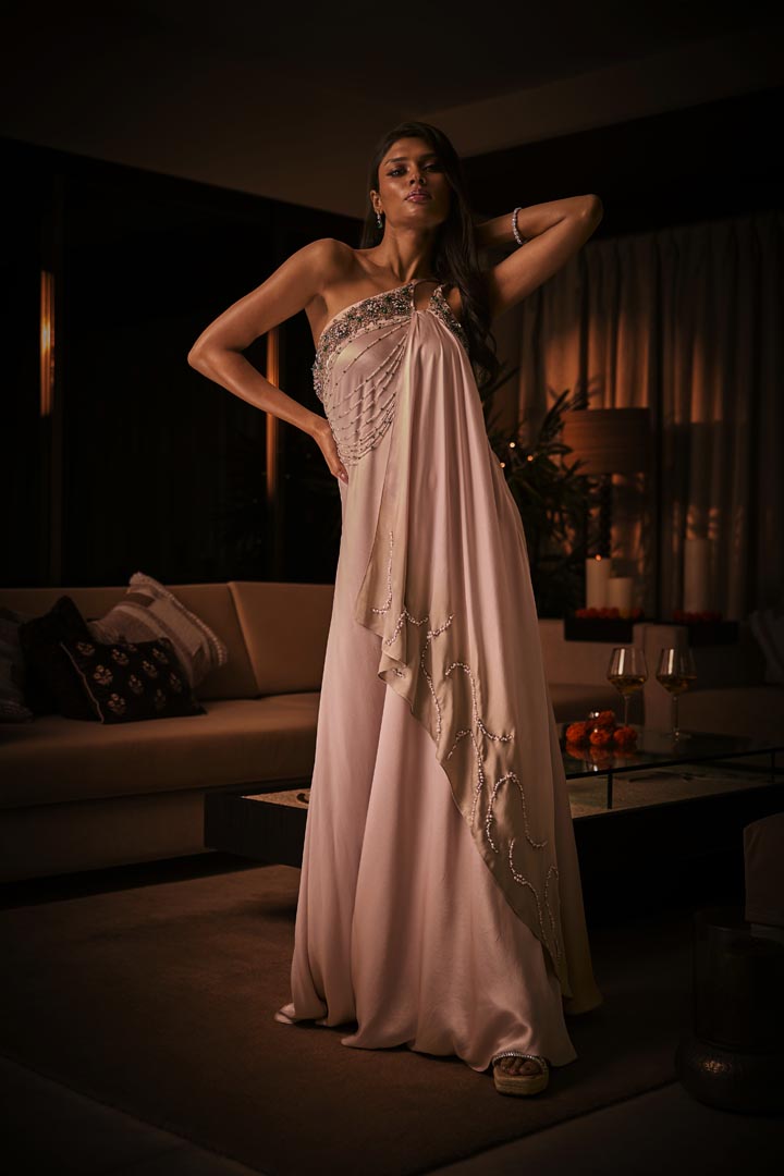 A pure silk satin one-shoulder gown in dusty pink and taupe ombré effect, detailed with bead and crystal embroidery