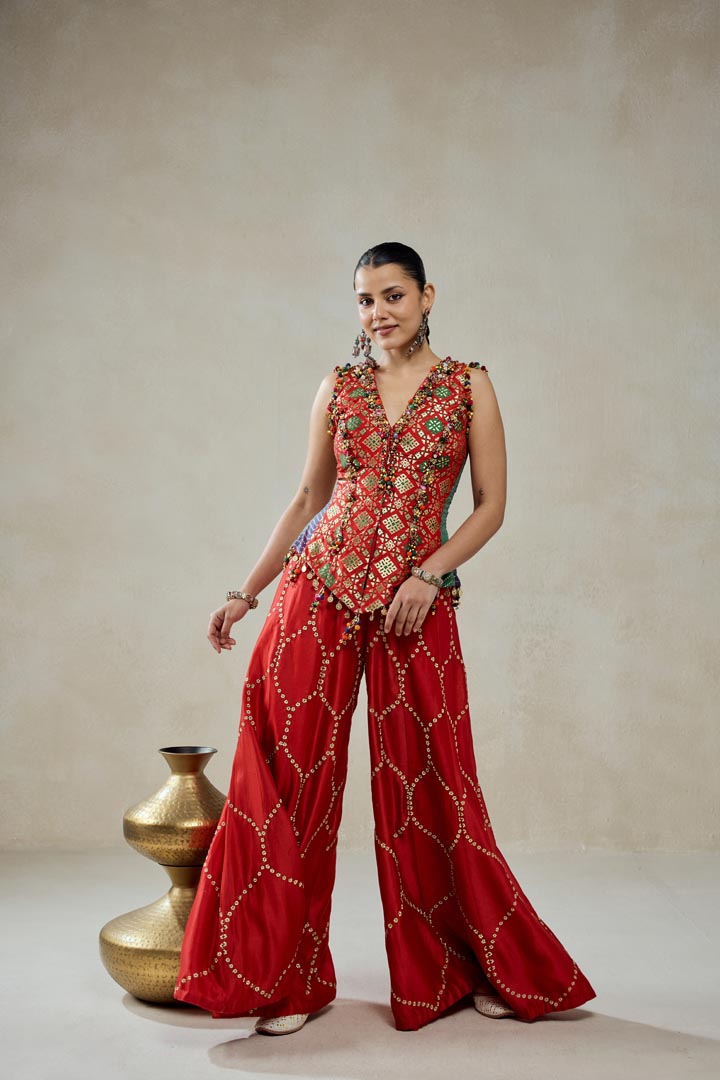 Red Patola Silk Sharara Set with Embellished Structured Top