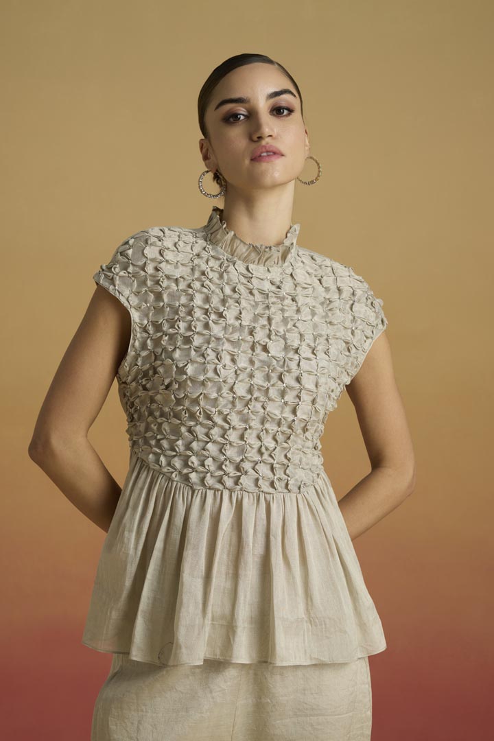 Silver Crystal Beaded Smocked Top in Structured Tissue Fabric