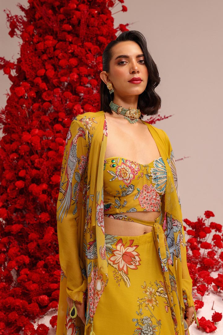 Image of Khwaish yellow skirt jacket set