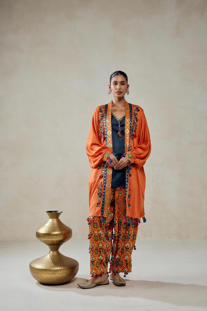 Orange Modal Silk Cape With Patola Silk Salwar Set | Festive Wear